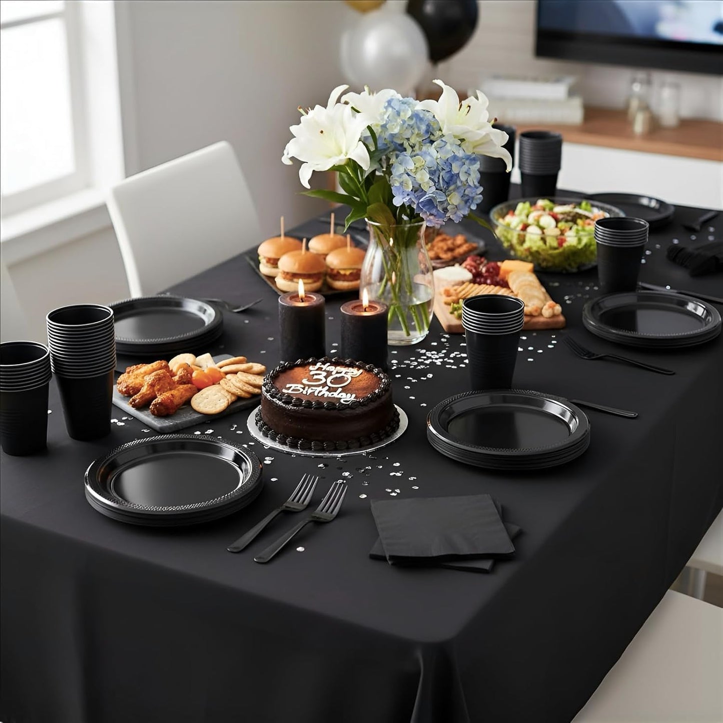 CLIYTICA Black Plastic Plates for Party,30 Guest Disposable Plastic Plate Set 9" Plates,7" Dessert Plates,Napkins,Cups,Forks & Tablecloth for Birthday,Halloween,Christmas,Graduations