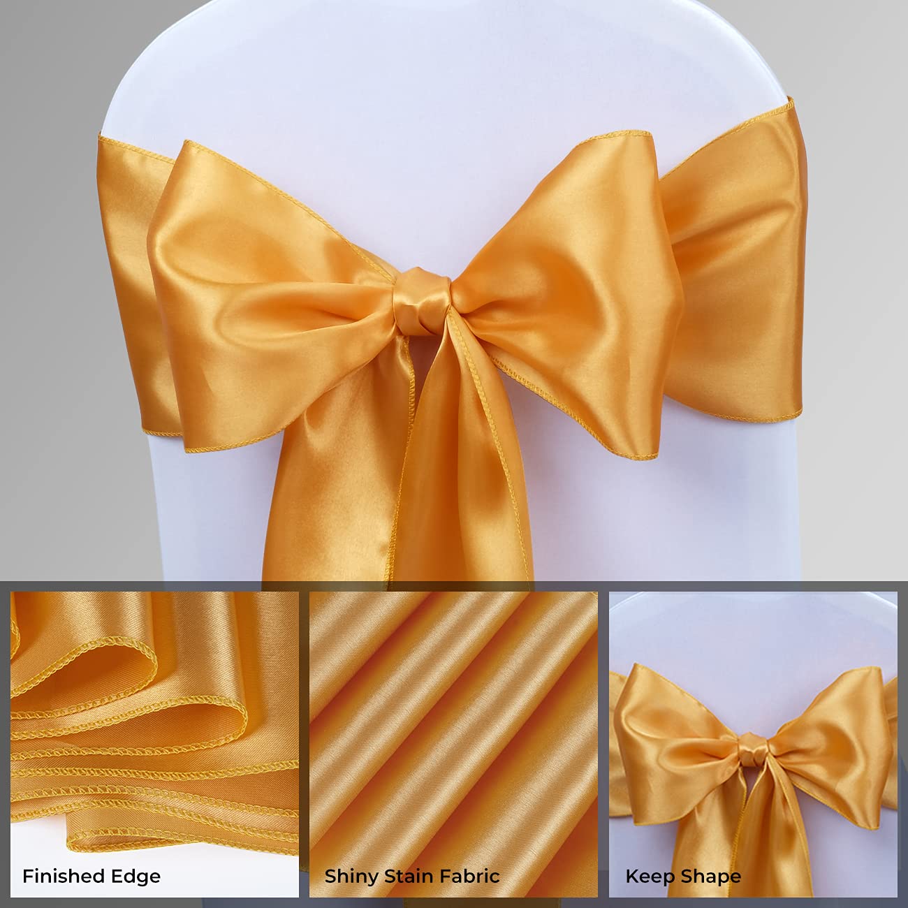 Babenest Satin Chair Sashes Ties Upgraded 30 pcs Chair Ribbons Bows for Wedding Banquet Party Easter Christmas Baby Shower Events Decoration (Gold)
