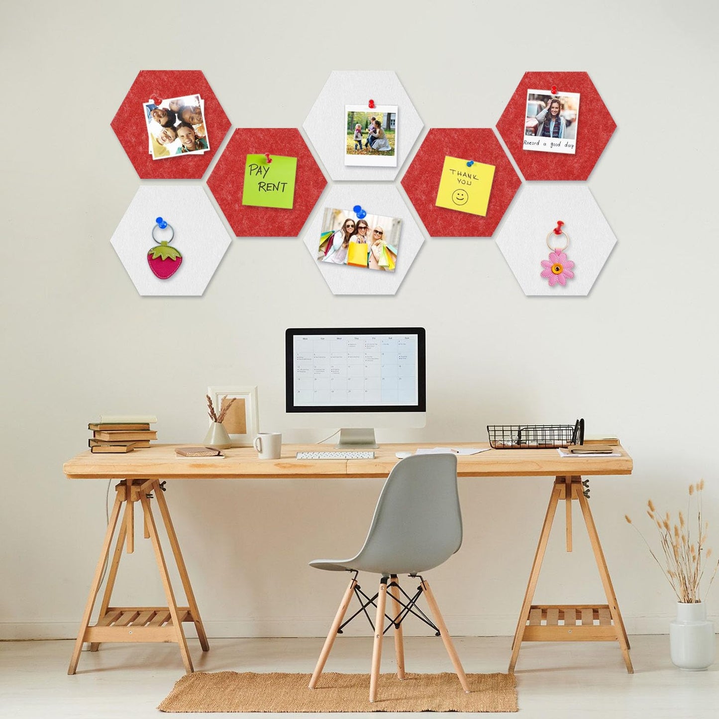 8 Packs White Red Hexagon Felt Pin Board, 12" Bulletin Board with 30 Push Pins, Felt Board for Home Kitchen Office Decor, Self-Adhesive Corkboard Tiles for Walls Message Photos Memos Display