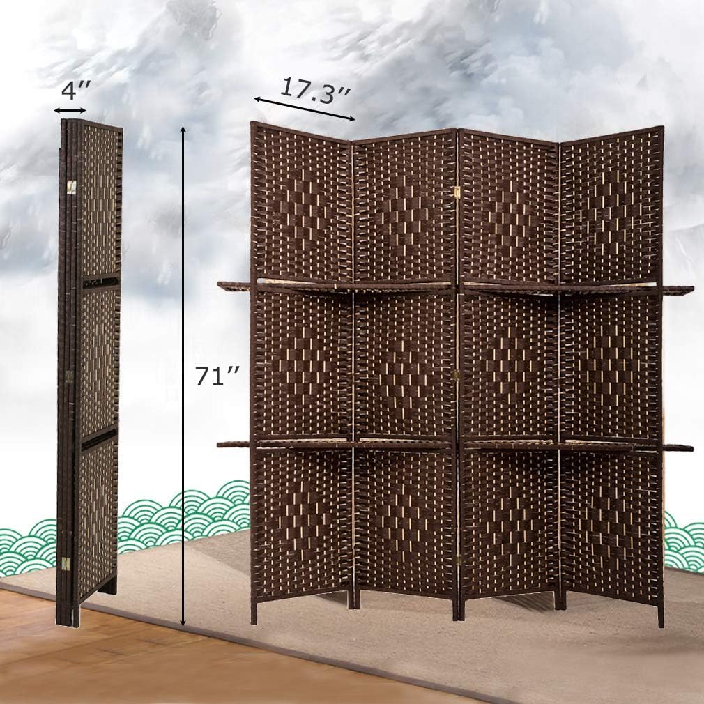 FDW Room Divider 4 Panel Room Screen Divider Wooden Screen Folding Portable Partition Screens Wood with Removable Storage Shelves Color,Brown