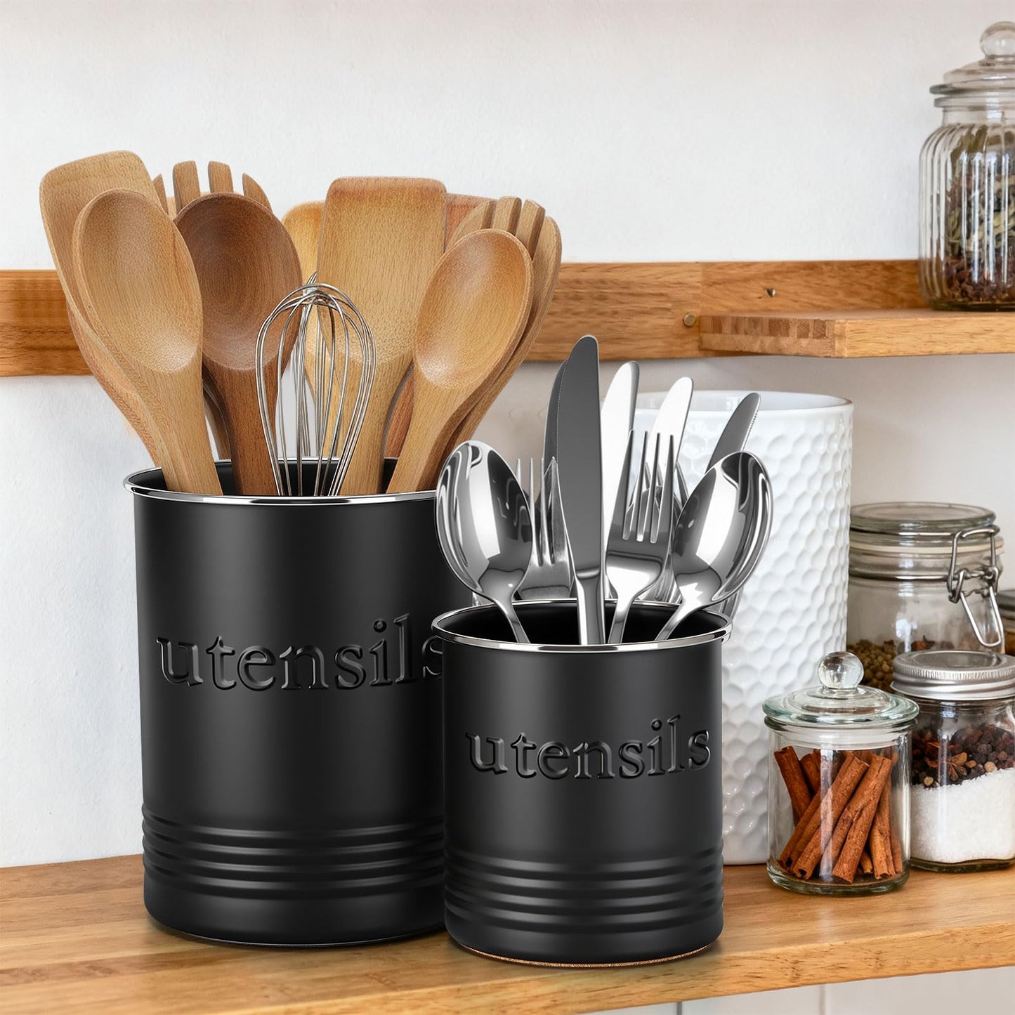 FoldTier 2 Pack Kitchen Utensil Holder for Counter 6.7"+4.7" Farmhouse Cooking Utensil Crock with Cork Bottom Modern Farmhouse Decors Countertop Storage Organizer Caddy Housewarming Gift(Black)