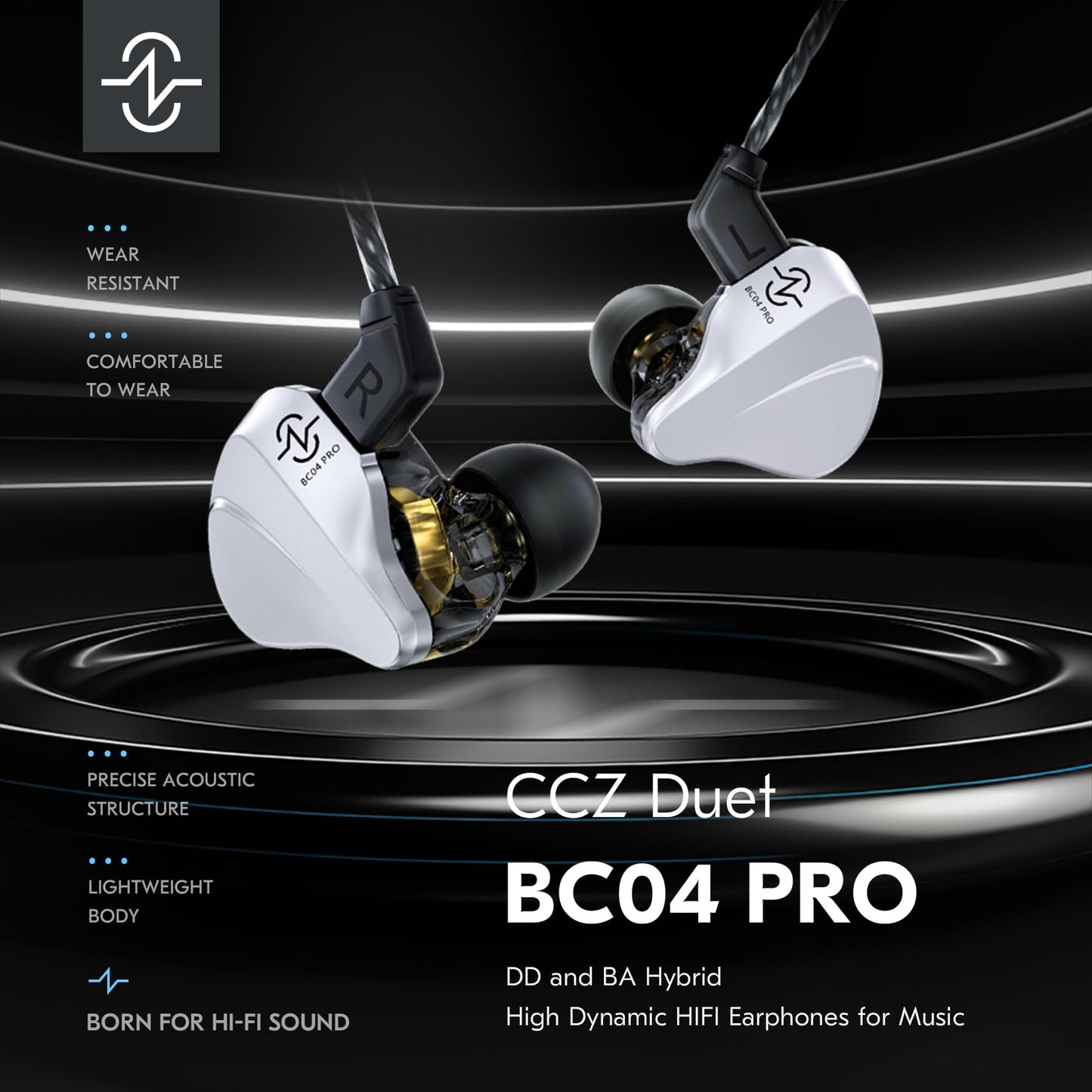 CCZ BC04 PRO in Ear Monitor Headphone, IEM for Gaming, Heavy Deep Bass Wired Earbuds in Ear Headphones,1BA 1DD Noise Cancelling Ear Buds with 5N OFC Cable for Singer Musician (with mic, Matte Black)