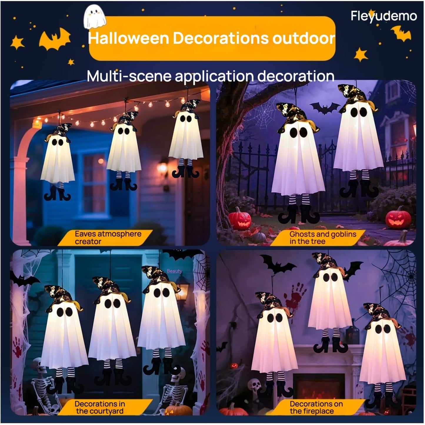 3 Pack Halloween Hanging Ghosts,Halloween Decorations Outdoor,19 inch Light Up Hanging Ghost with Witch Hat for Yard Patio Garden Tree