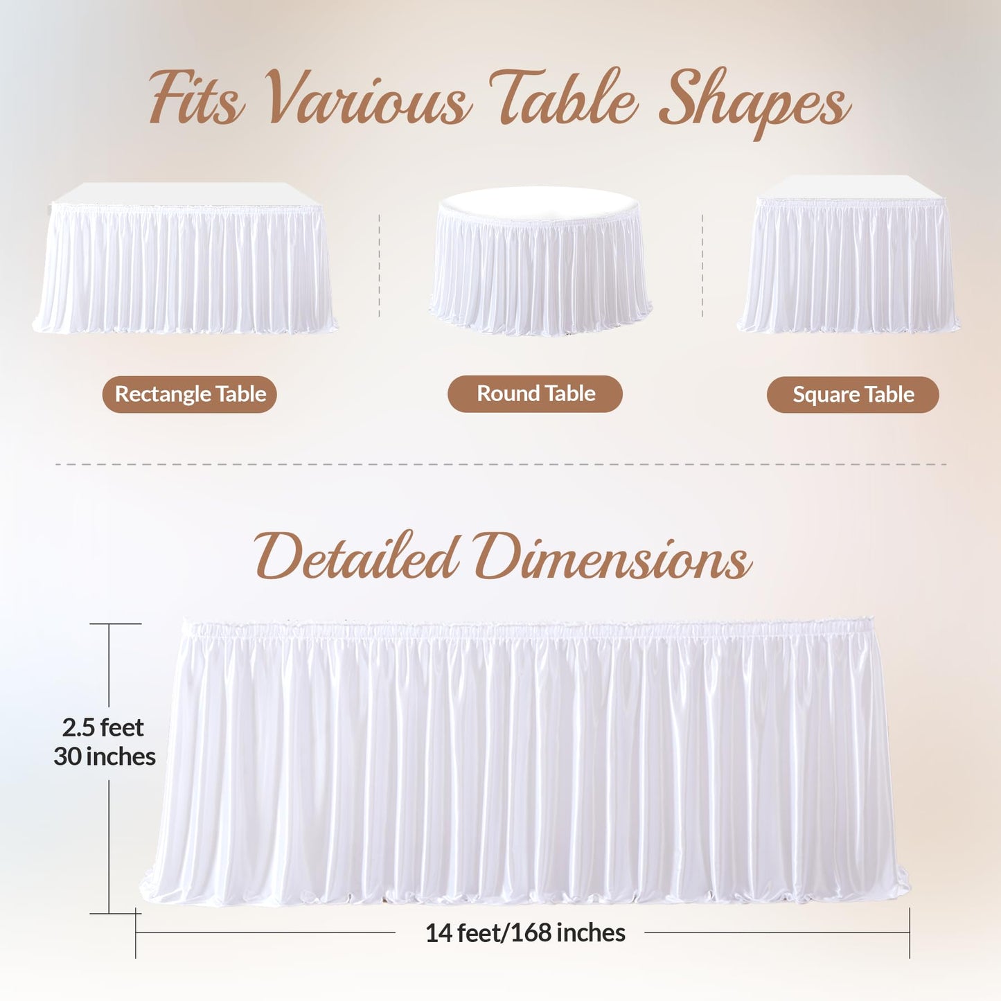 14ft Length Satin White Table Skirt Rectangle Tables, Wrinkle Resistant Ruffle Table Skirting Glitter Teacher Desk Cover Skirt for Dorm Office Birthday Party Wedding Buffet Displays Trade Shows