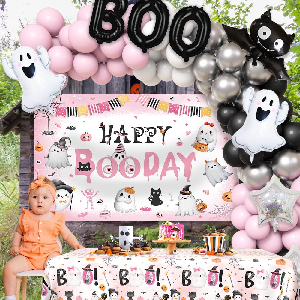 AIBIIN 113pcs Pink Black Halloween Birthday Party Decorations Halloween Happy Boo Day Party Kit With Happy Booday Banner Little Boo Balloon Garland Kit Ghost Birthday Party Tablecloth