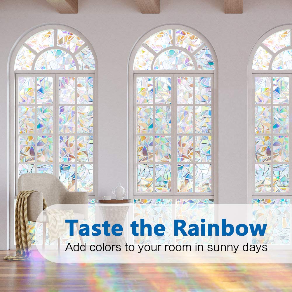 Rainbow Window Clings - 3D Decorative Vinyl, Stained Glass Decals, Static Cling Stickers - Removable, Non-Adhesive, UV Blocking (35.4" x 78.7")