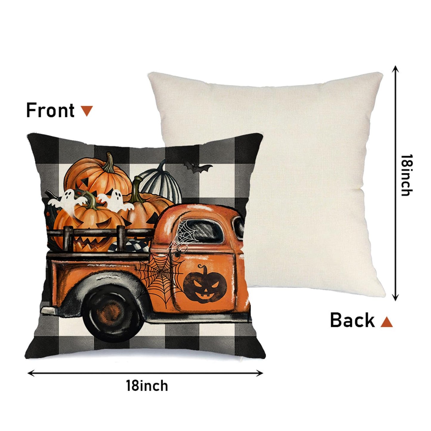 MODOVOS Halloween Pillow Covers 18x18 Set of 4 Buffalo Plaid Spooky Ghost Pumpkin Truck Halloween Decorations Trick or Treat Throw Pillow Covers Spider Web Bat Cushion Case for Sofa Couch
