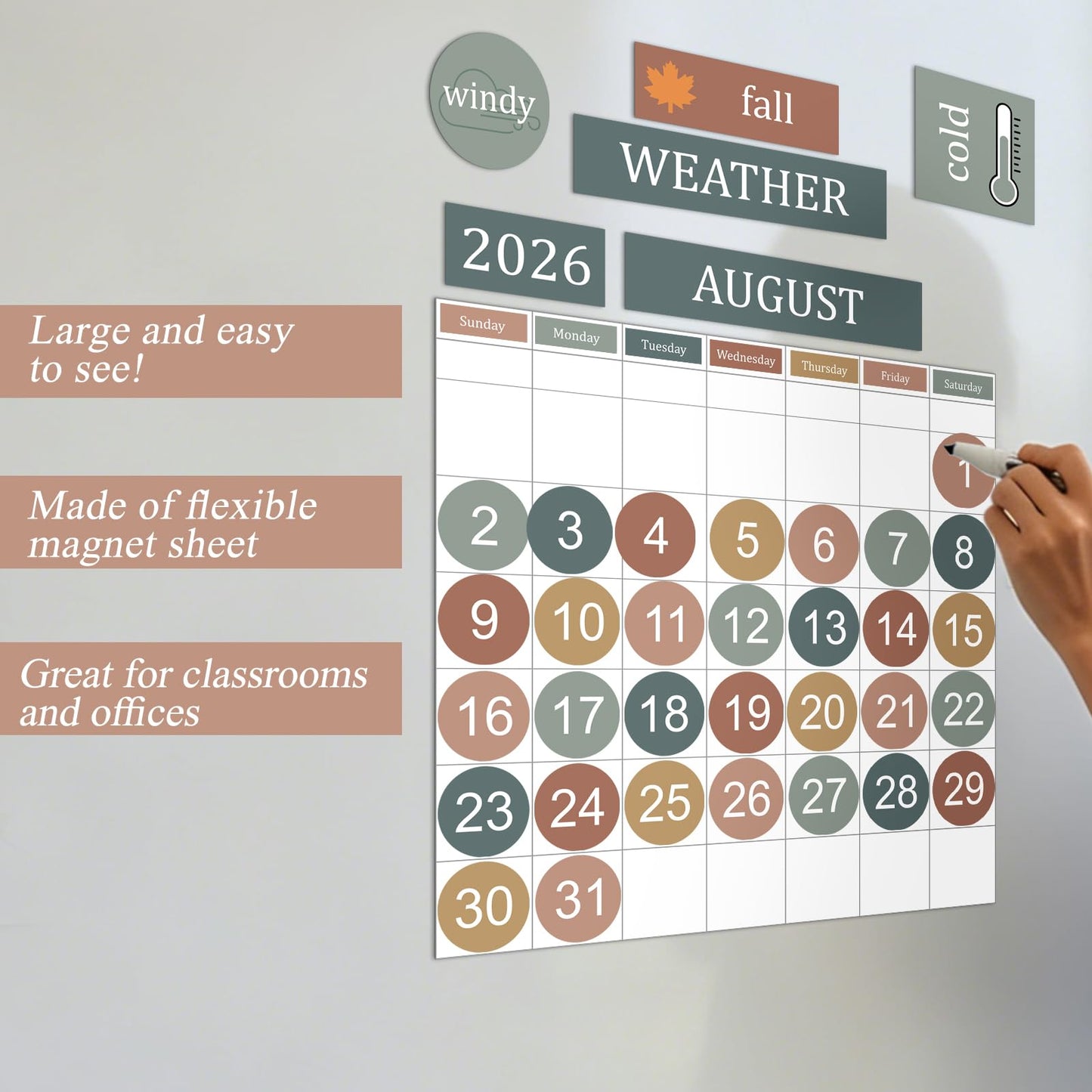 Lerheedi 94 Pcs Boho Calendar Magnets for Whiteboard Large Magnet Calendar Set Days of the Week Magnets for Refrigerator Classroom Weeks and Months