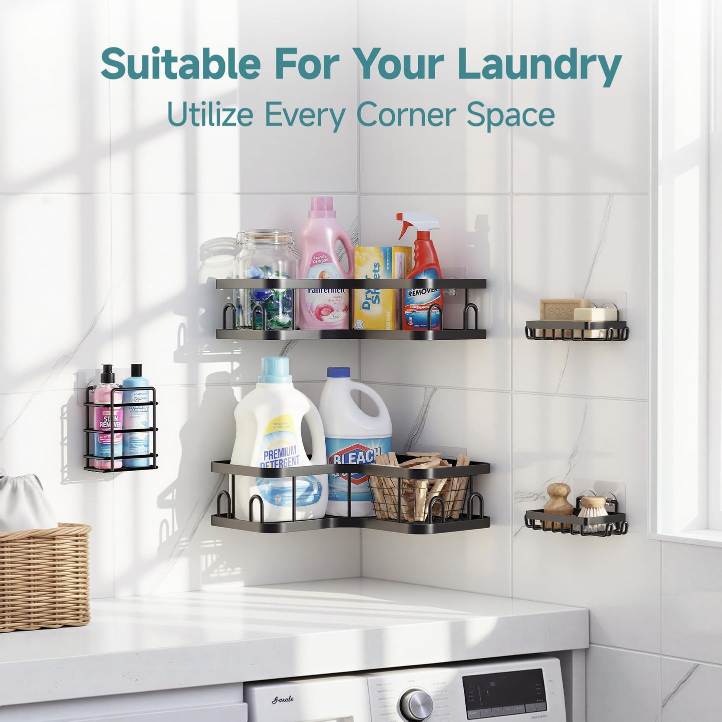 Veken Corner Shower Caddy 5-Pack, Advanced Rustproof Design, No Drilling Adhesive Shelves, Rack with Soap Holder, Large Capacity Bathroom Organizers and Storage, Wall-Mounted Kitchen&Home Decor,Black