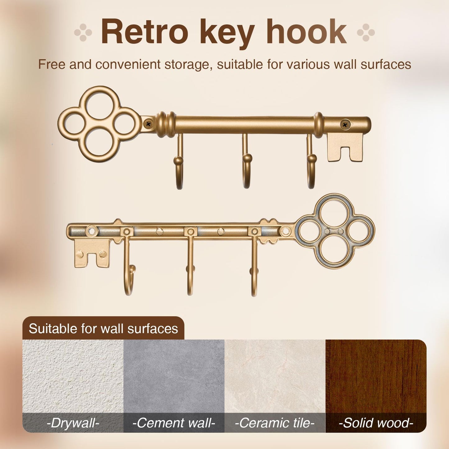 FantasHome Classic Wall Mounted Key Holder Hook Rack, Vintage Key Rack for Entryway (Gold)
