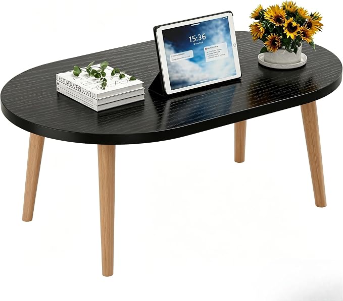 Coffee Table Low Table with Solid Wood Legs, 31.5x19.7 Large Coffee Table Side Table, Floor Table Desk for Sitting on The Floor, Living Room Furniture for Office Apartment Home, Oval Black