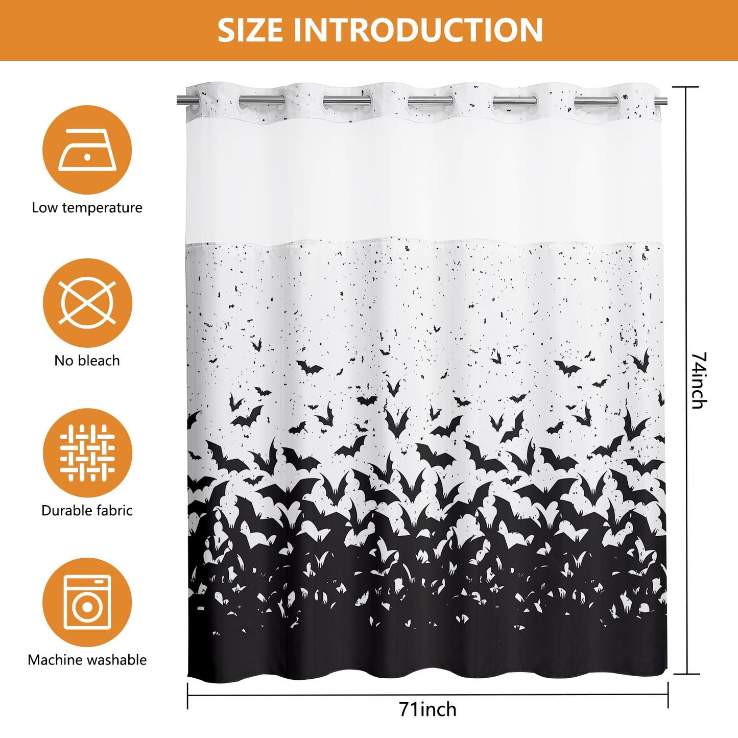 MEHOFOND No Hook Halloween Shower Curtain with Snap in Liner,Hookless Bat Shower Curtain,Black Flying Bat Horror Scary Halloween Bathroom Decor Waterproof Washable Polyester Fabric Curtain 71X74inch