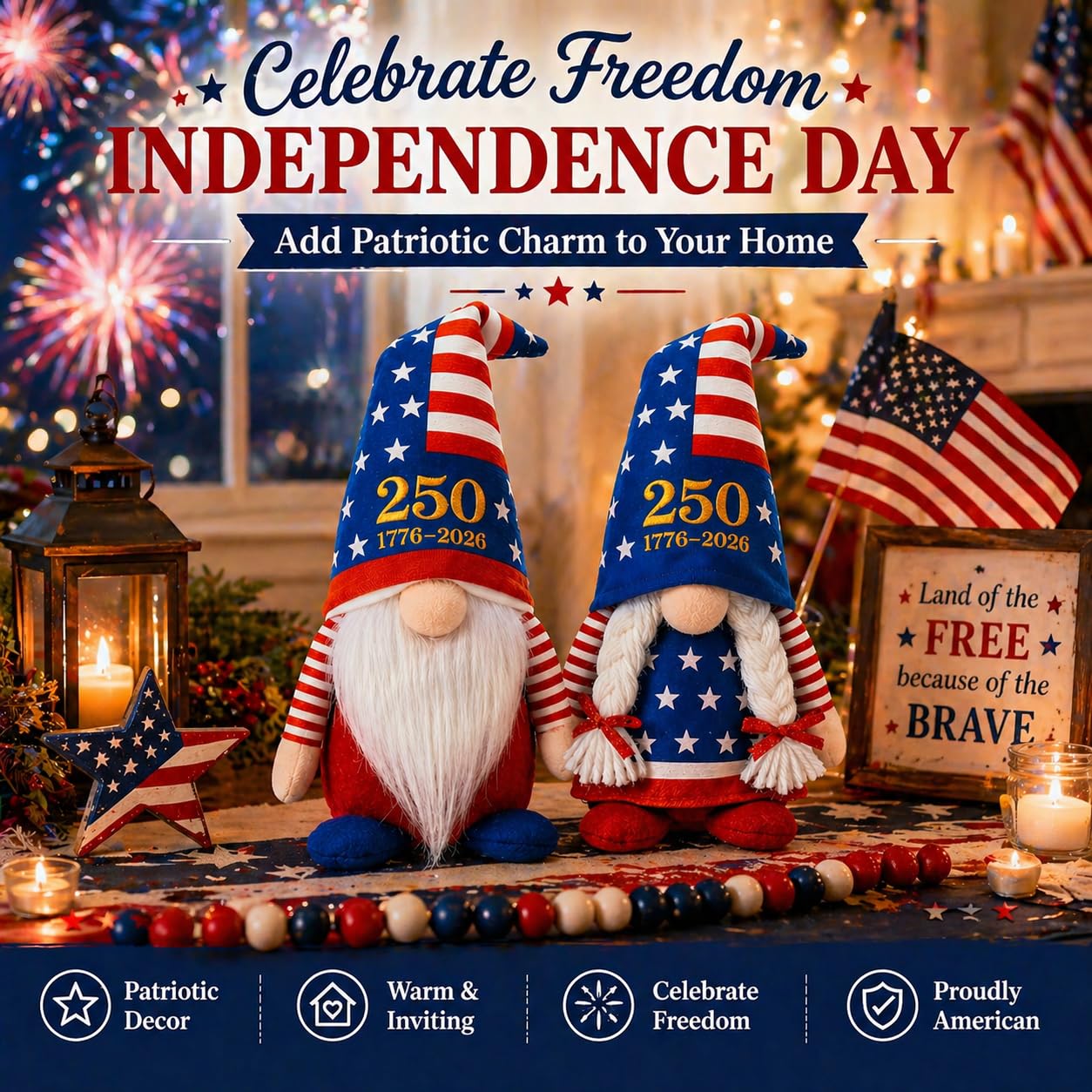 LEKSON 4th of July Decorations Patriotic Gnomes, 250 Anniversary USA Merchandise, Red White and Blue Independence Day Home Table Decor, 1776-2026 Indoor American Gnome Set of 2