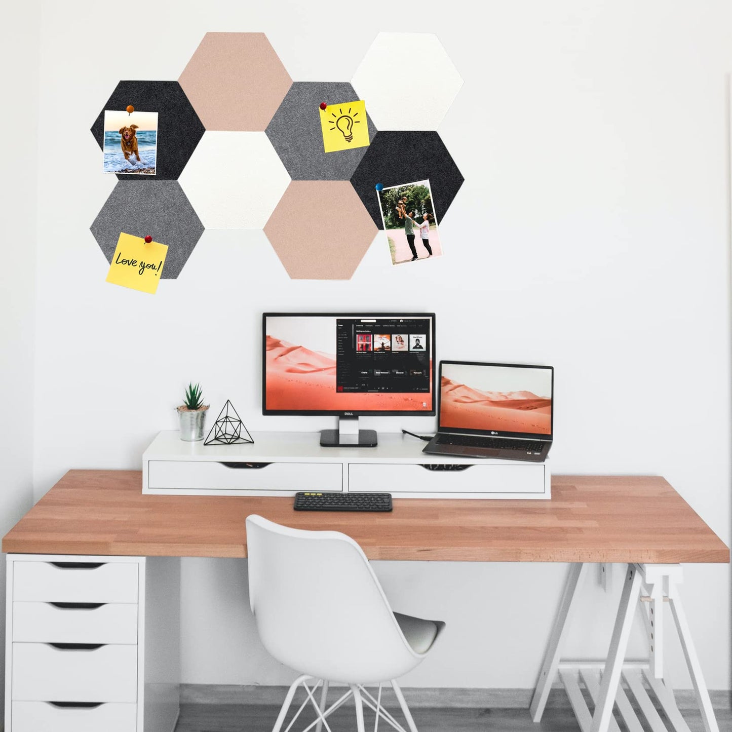 HULAVO 8Pcs Hexagon Felt Cork Board Tiles, Self Adhesive DIY Bulletin Board Pin Board for Office School Home Wall Decor Stickers Memos Photos Display (Camel & Grey)