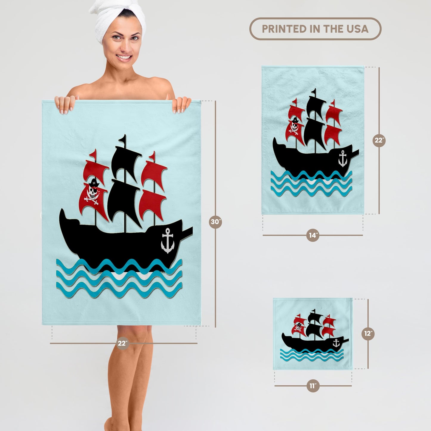 3D Rose TWL_224466_1 Pirate Boat. Kids Decor Towel, Blue, 15" x 22"