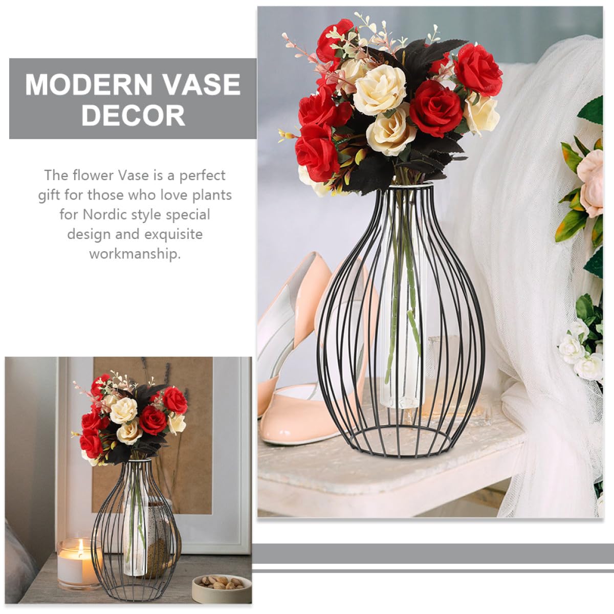 Garneck Geometric Iron Frame Vase with Small Glass Propagation Tubes, Hydroponic Planter for Home Décor, Nordic Style Desk Terrarium Plant Holder with Black Metal Stand