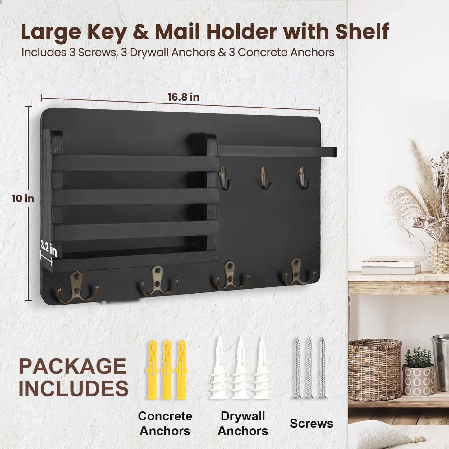 Nekon Mail Holder for Wall Mail Organizer with Key Hooks Hallway Farmhouse Decor Storage Racks with Floating Shelf and Flush Mount Hardware (16.8Inch x 10Inch x 3.2Inch)