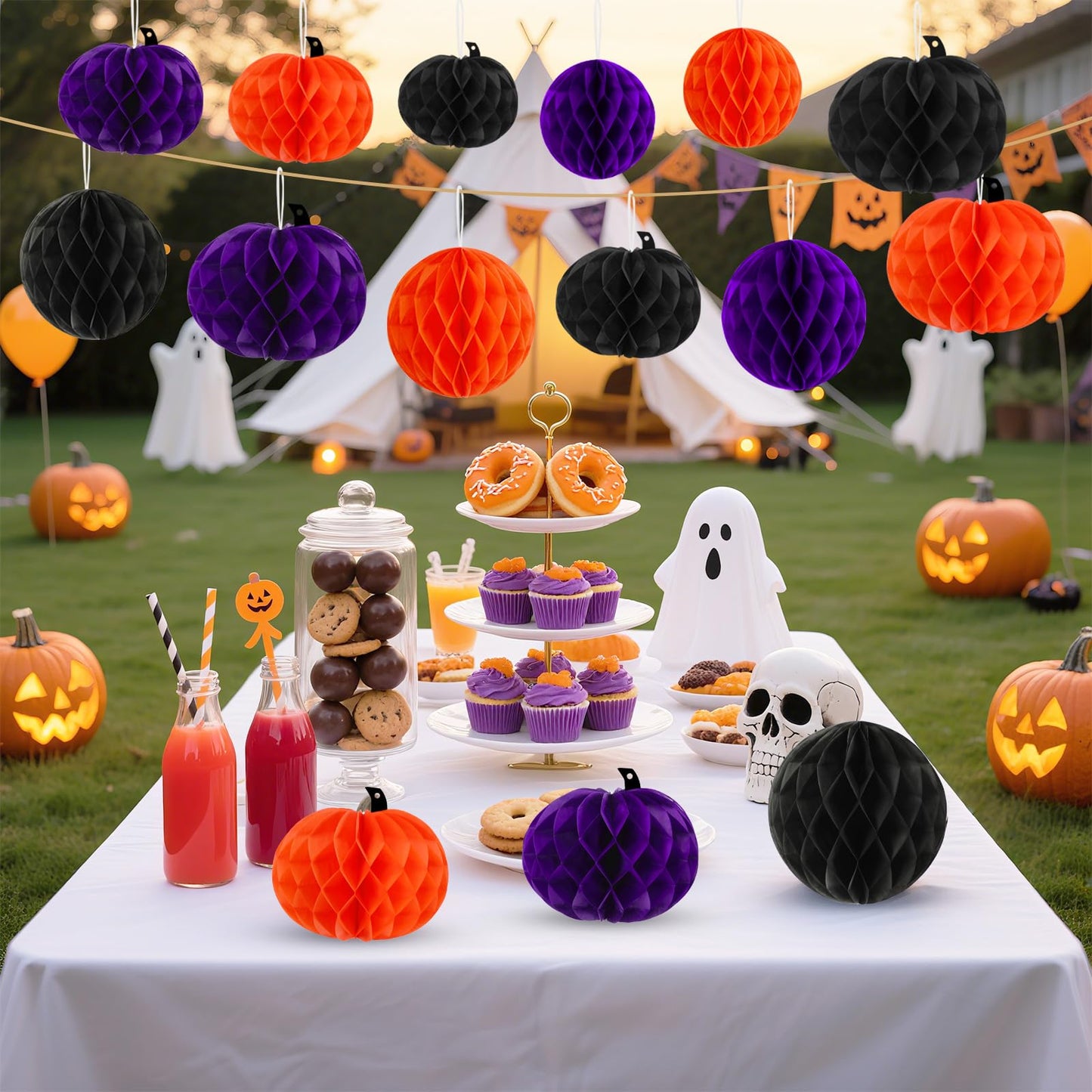 BOARDFEB 15Pcs Halloween Honeycomb Decorations, Orange Purple Black Pumpkin Paper Honeycomb Balls Halloween Hanging Ornaments for Party Favor Supplies