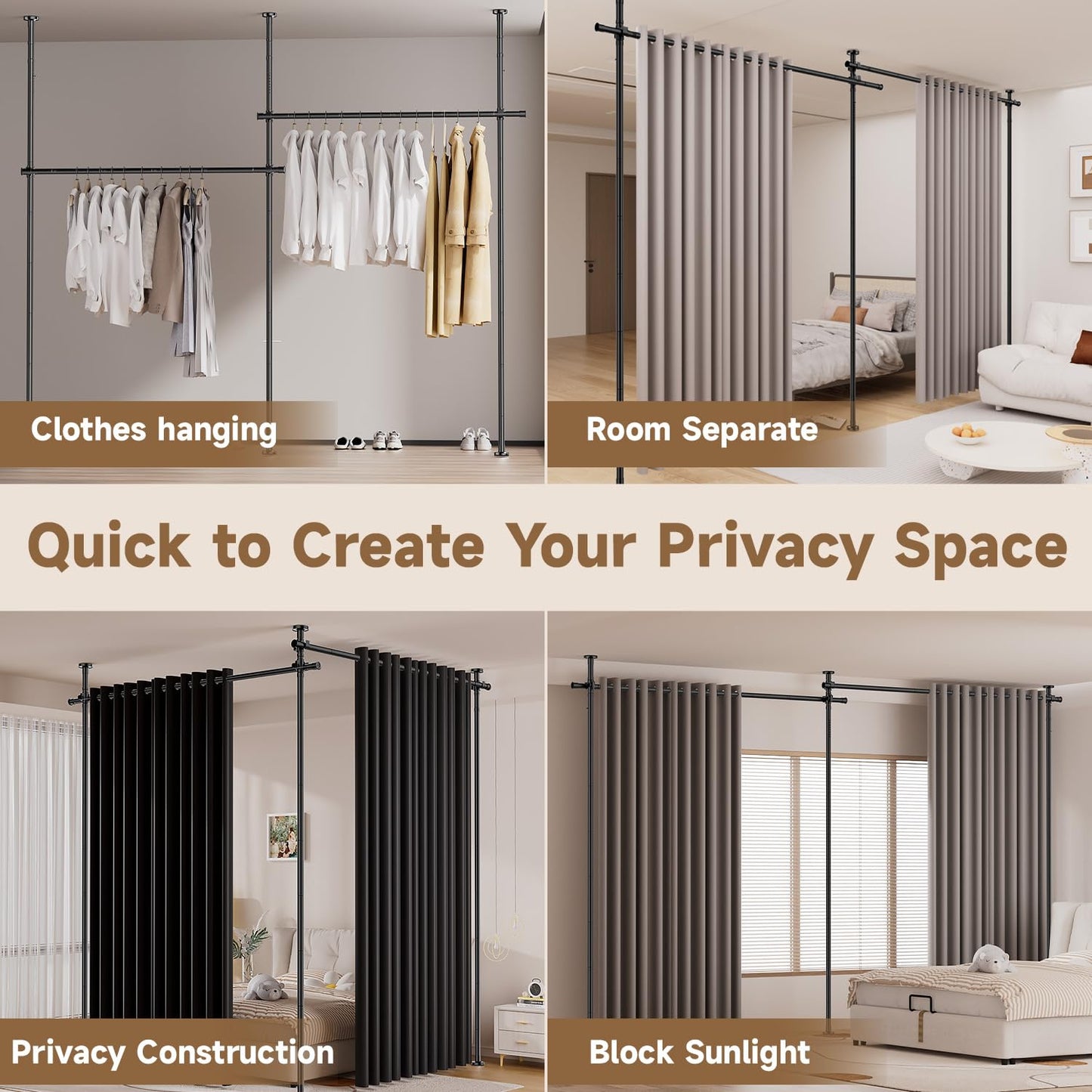 Room Divider Curtain Rod, No Driling Tension Curtain Rod for Room Partation