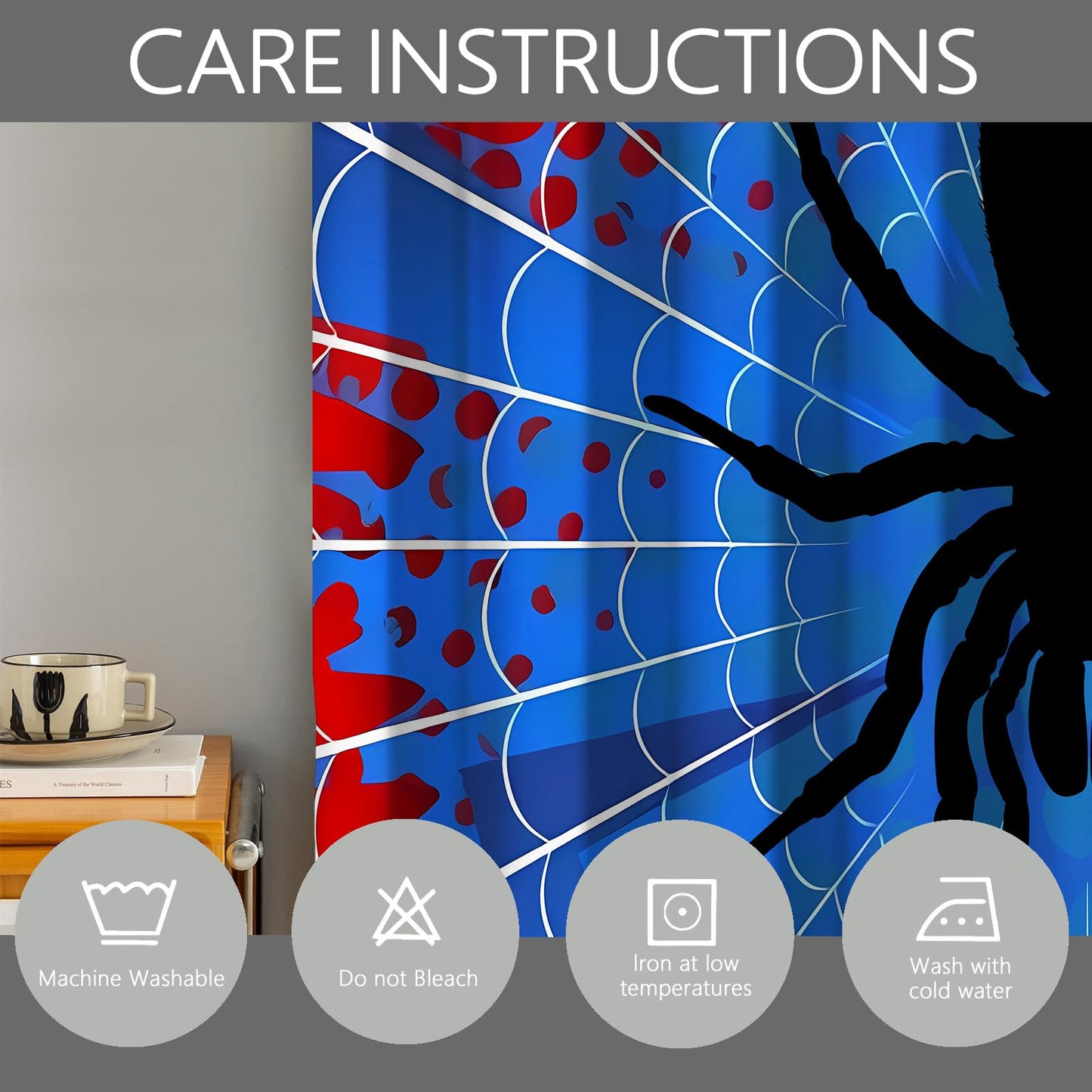 OSUNBD Spider Web Curtains - Blue & Red Superhero Design - Blackout Thermal Insulated Drapes for Kids Room, Bedroom, Living Room - 42 x 63 Inches, 2 Panels
