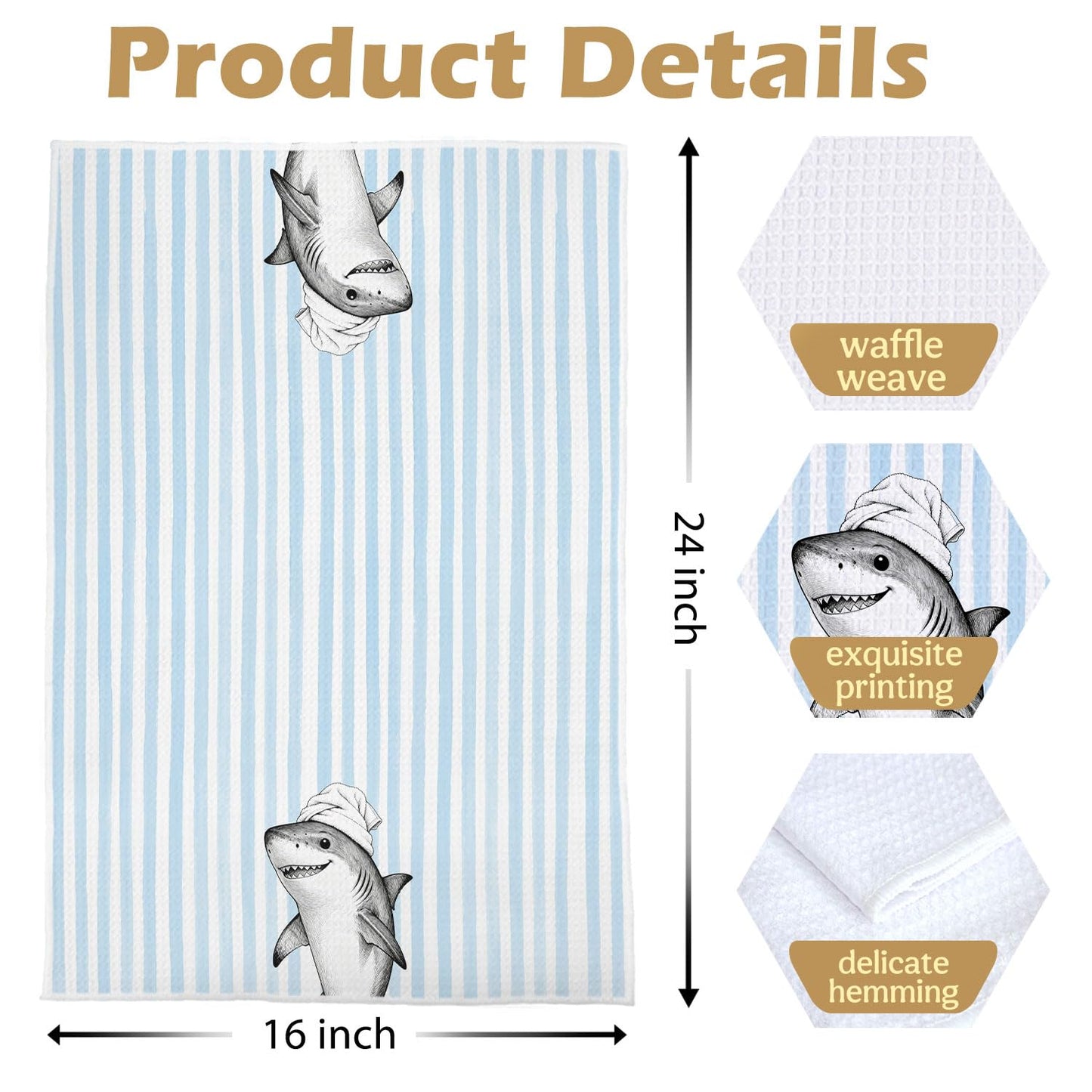XIVENHAVM Funny Shark Bathroom Decor Set - Wild Animal Decorative Waffle Hand Towels, Shark Gifts Hand Towes for Kid Bathroom Washroom, 16x24 Inch Set of 4