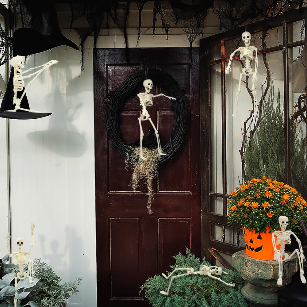 UMEELR 6Pcs Posable Plastic Skeletons, 16" Halloween Hanging Skeleton with Movable Joints Small Human Body Skeleton for Yard Patio Lawn Garden Props Halloween Spooky Party Decor