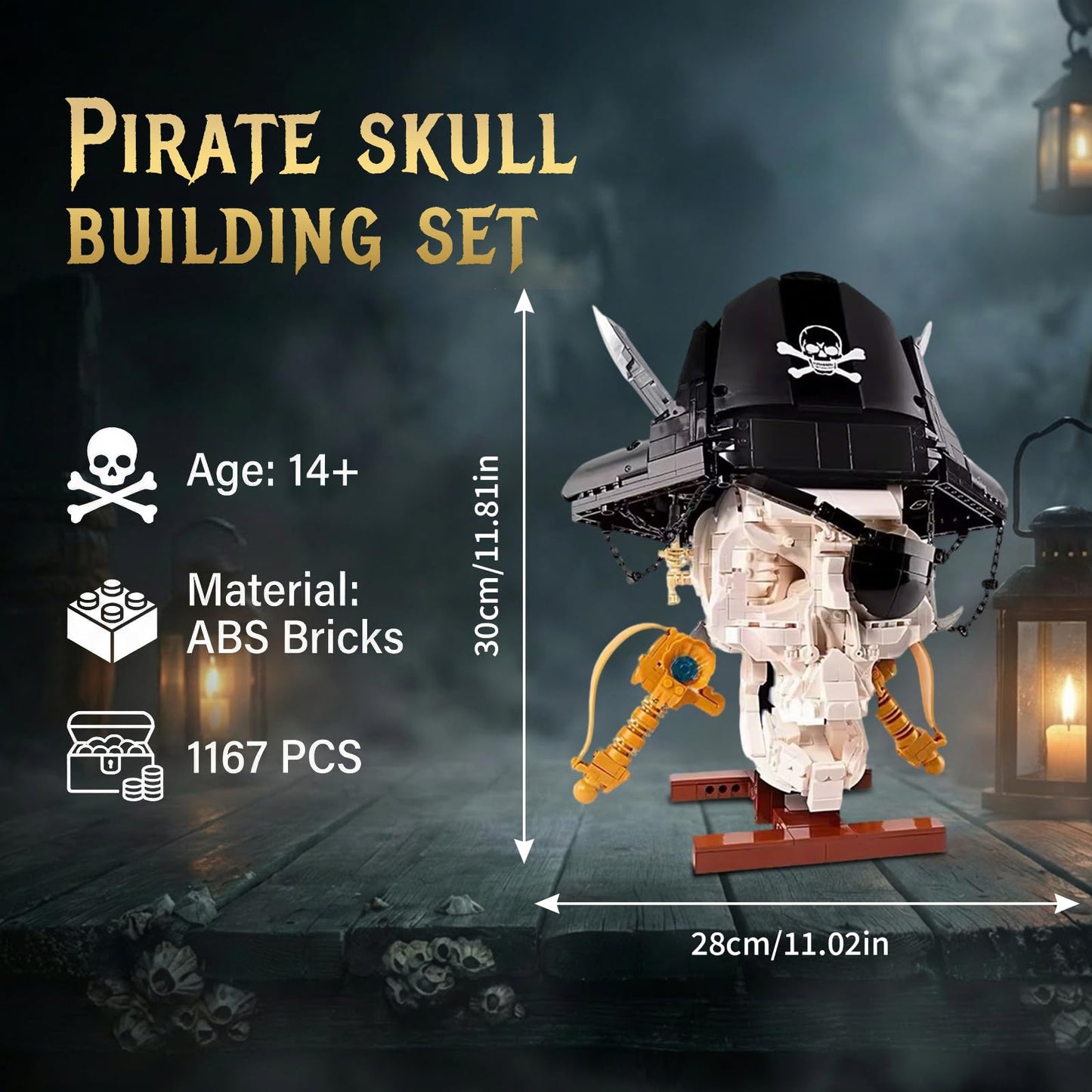 Holexapyd Gothic Pirate Skull Building Set for Adults,Horror Skeleton Head Model with Display Base, Cool Unique Ideal Building Block Sets for Home Table Decor (1167 PCS)