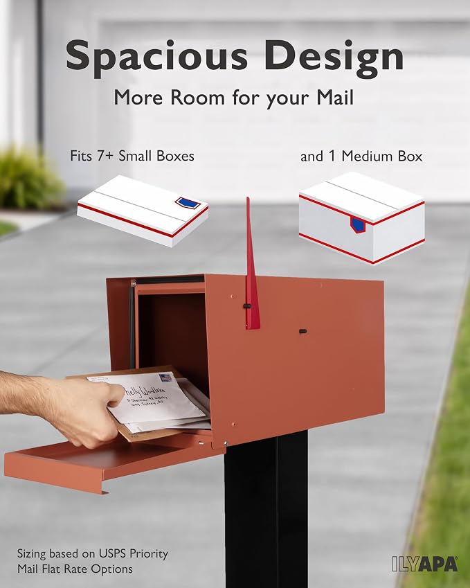 Ilyapa Modern Mailbox for Outside Post Mount - Terracotta Heavy Duty Powder Coated Metal Mailbox, Waterproof Letter Box for Parcels