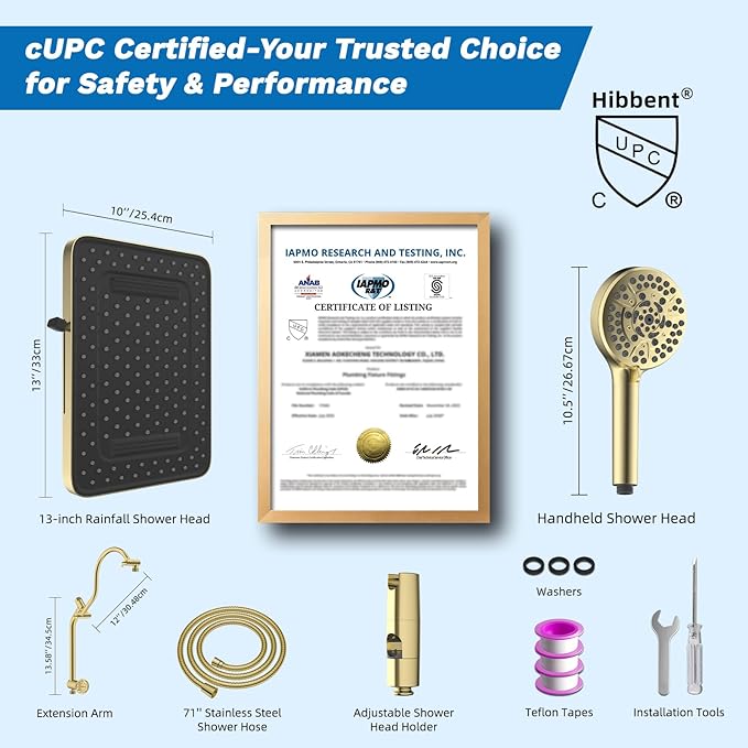 Hibbent cUPC Certified 13'' Shower Head Combo, High Pressure 5 Spray Rainfall Showerhead, 10 Spray Handheld, All Metal Easy Reach 4-way Diverter Arm with Pause Mode, 71'' Hose and Holder, Brushed Gold