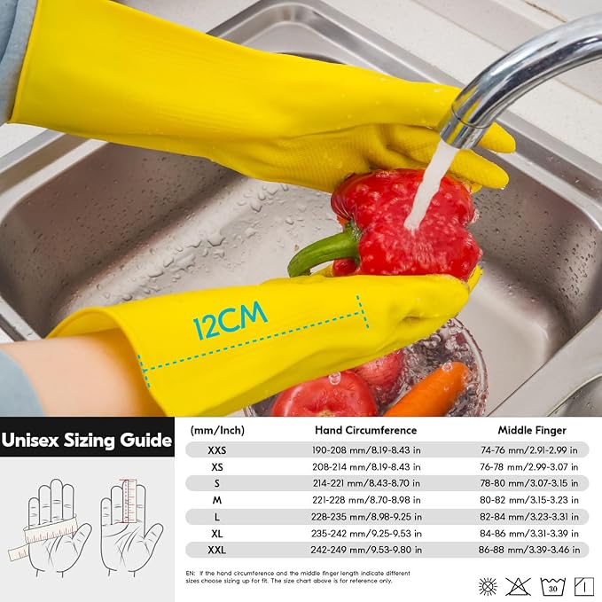Vgo... 2-Pairs Reusable Household Gloves, Rubber Dishwashing gloves, Extra Thickness, Long Sleeves, Kitchen Cleaning, Working, Painting, Gardening, Pet Care (Size M, Yellow, HH4601)