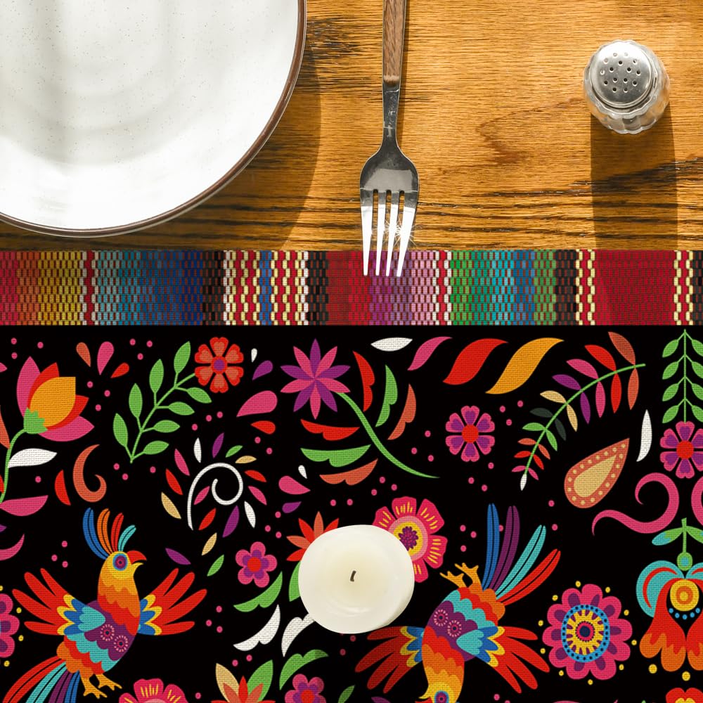 Artoid Mode Bird Dia De Los Muertos Serape Mexican Fiesta Table Runner, Cinco De Mayo Day of The Dead Kitchen Dining Table Decoration for Home Party Decor 13x72 Inch