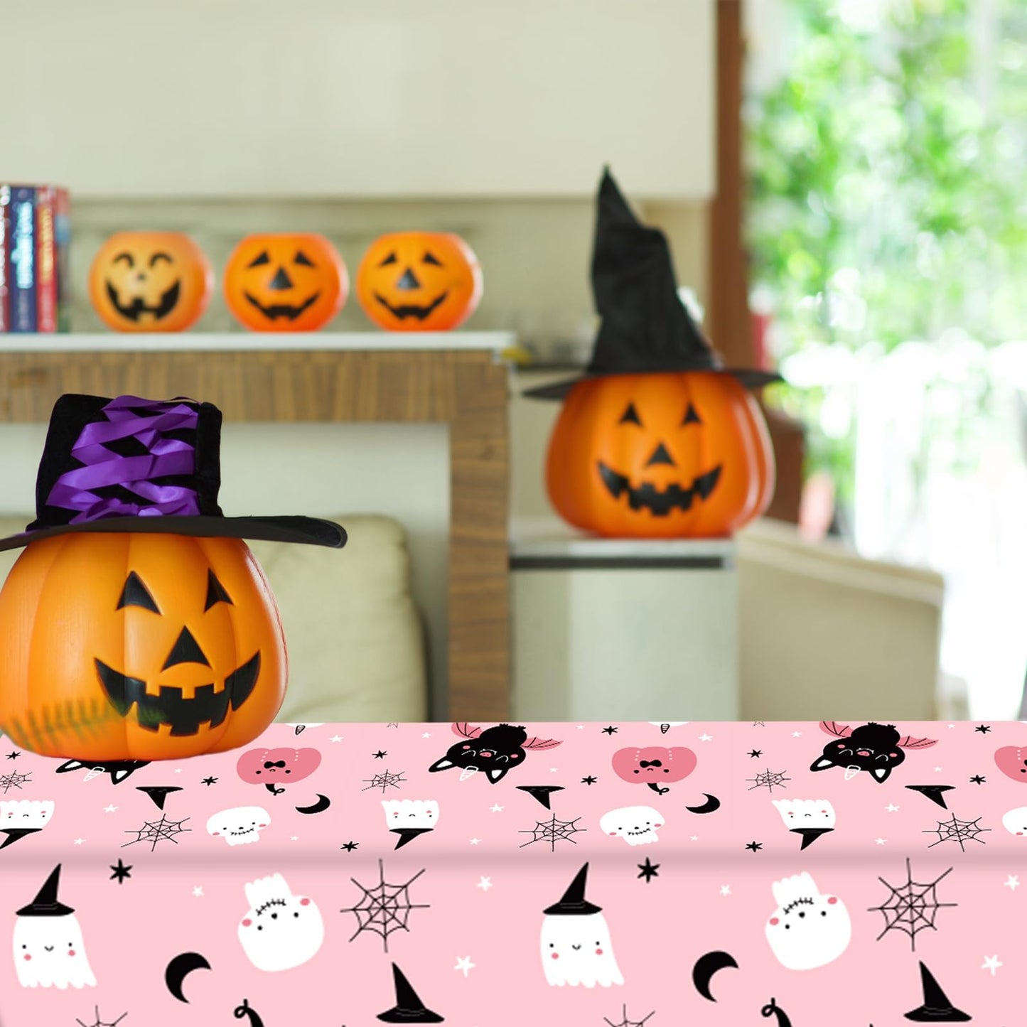 JarThenaAMCS 3Pcs Halloween Plastic Tablecloth Rectangle Pink Pumpkin Ghost Bat Table Cover Cute Disposable Table Cloth for Dinner Party Decor, 54 x 108 Inch