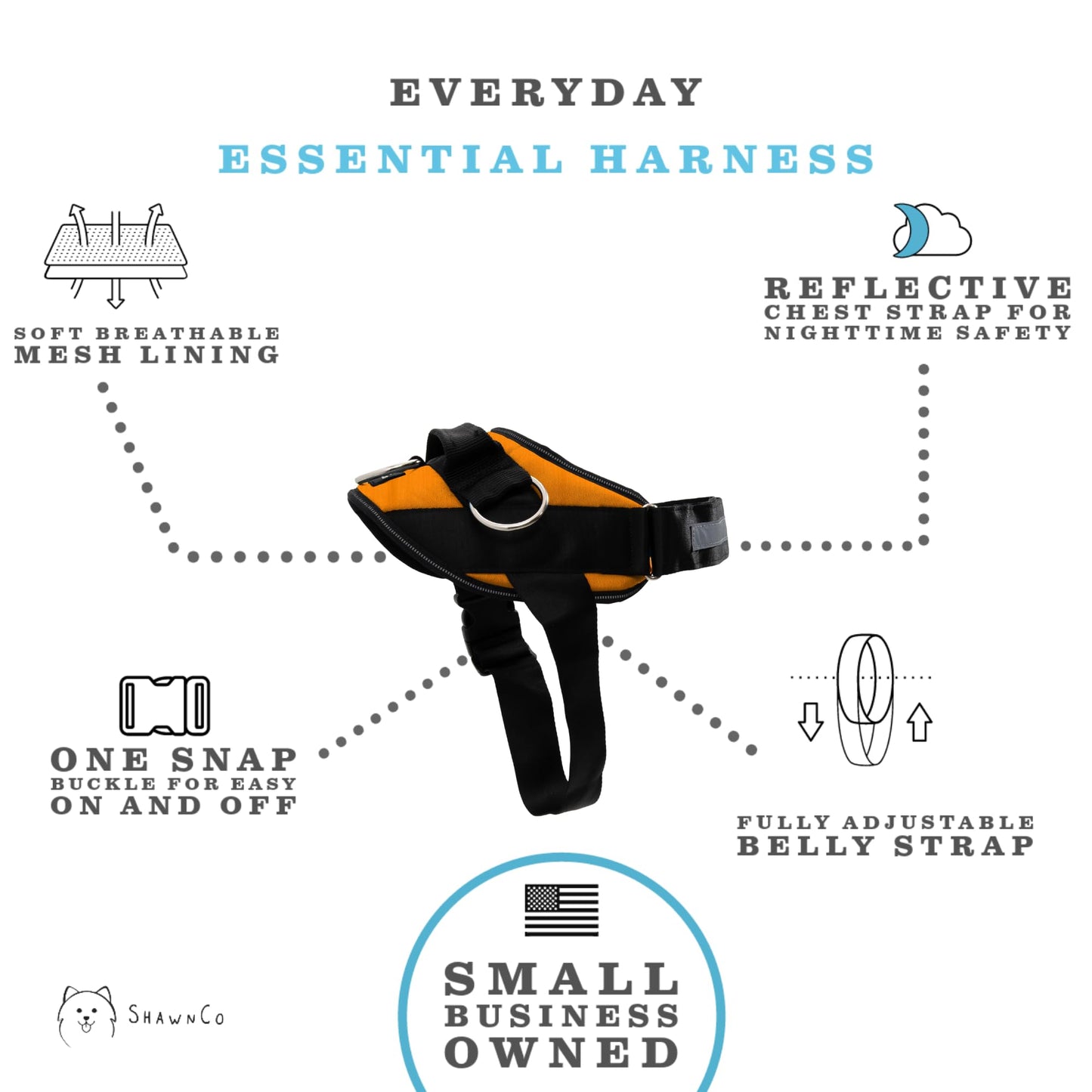 ShawnCo Essential Dog Harness, No-Pull Pet Vest with 3 Leash Clips, No Choke, Reflective, Adjustable and Padded, for Easy Walking and Training for Small, Medium and Large Dogs (Sunset Orange, M)