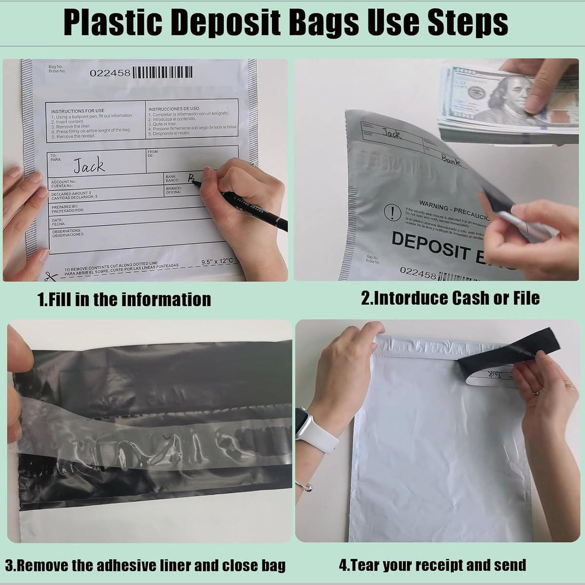 Plastic Deposit Bags 100 Pack Clear 9''x 12'', Security Bank Deposits Bags,Cash register bag,Money bag for Cash,Bank Pocket,Tamper-Evident Bag,Unique Barcode