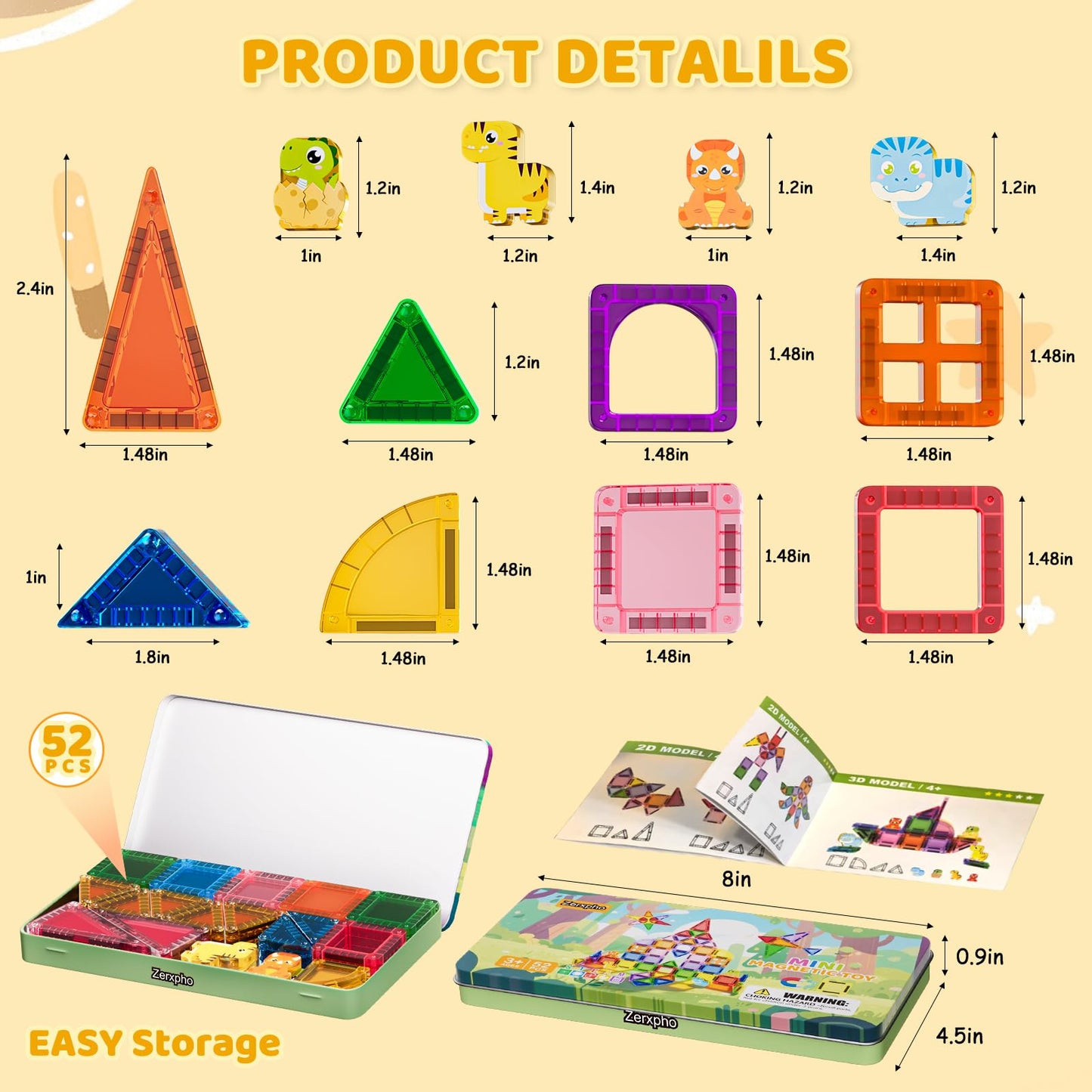 52PCS Mini Magnetic Tiles with Cute Animals, Travel Size Magnetic Construction Toys with Storage Box, Magnetic Blocks Building Toy for Kids Ages 4-8, Ideal Gift for Boys Girls Halloween Birthday