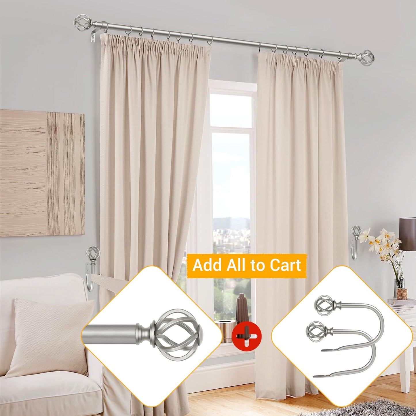 USFOOK 2 Pack Curtain Holdbacks, Decorative Window Drapery Tiebacks (2 Pack/1 Pair), Curtain Tie Back Hooks for Wall with Antique Silver Twisted Cage Finials (3.45" L x 5.35" W)