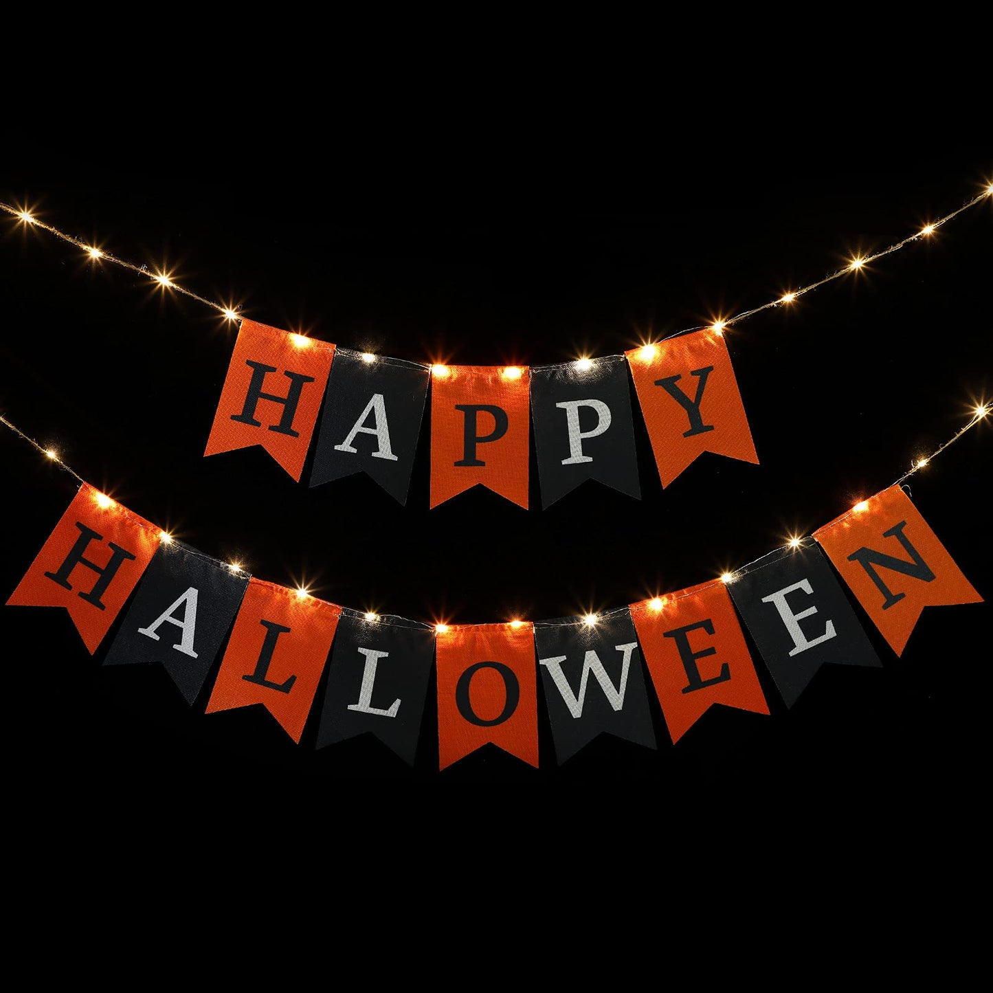 Happy Halloween Decoration Fabric Banner with String Light for Fireplace - Black & Orange Halloween Flag Party Mantel Hanging Decoration Supplies
