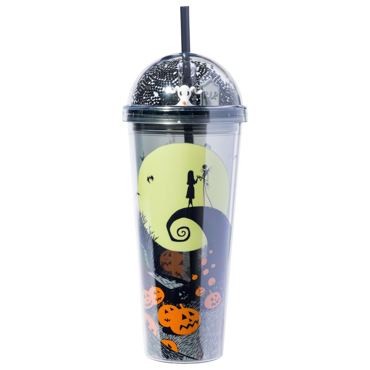 Silver Buffalo Disney Tim Burton Nightmare Before Christmas Moon Scene Featuring Jack Skellington, Sally, and Zero Dome Glitter Top Travel Tumbler, 24 Ounces