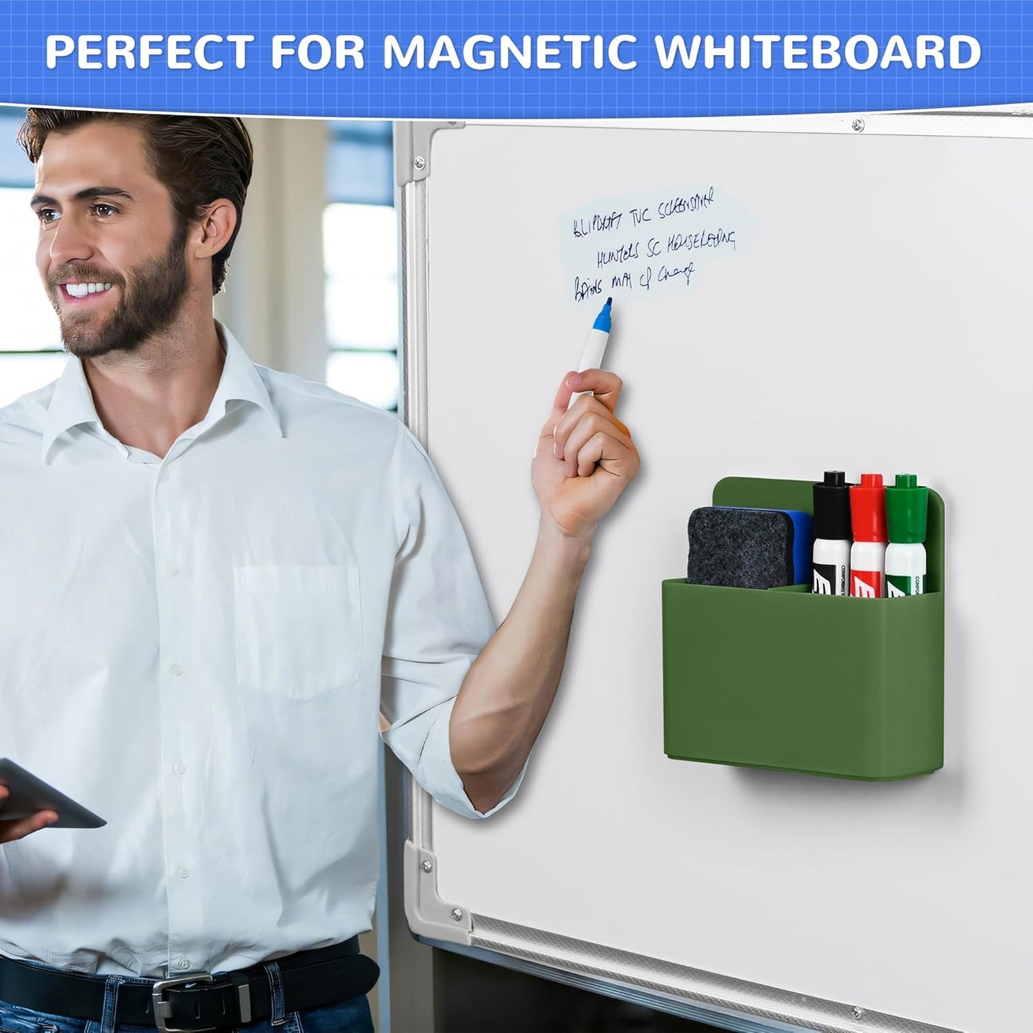 Magnetic Dry Erase Marker Holder, Magnetic Pen Marker Holder for Whiteboard, Fridge, Locker Accessories, School, Office, Home, Magnet Pen Cup,1 Pack, Army Green
