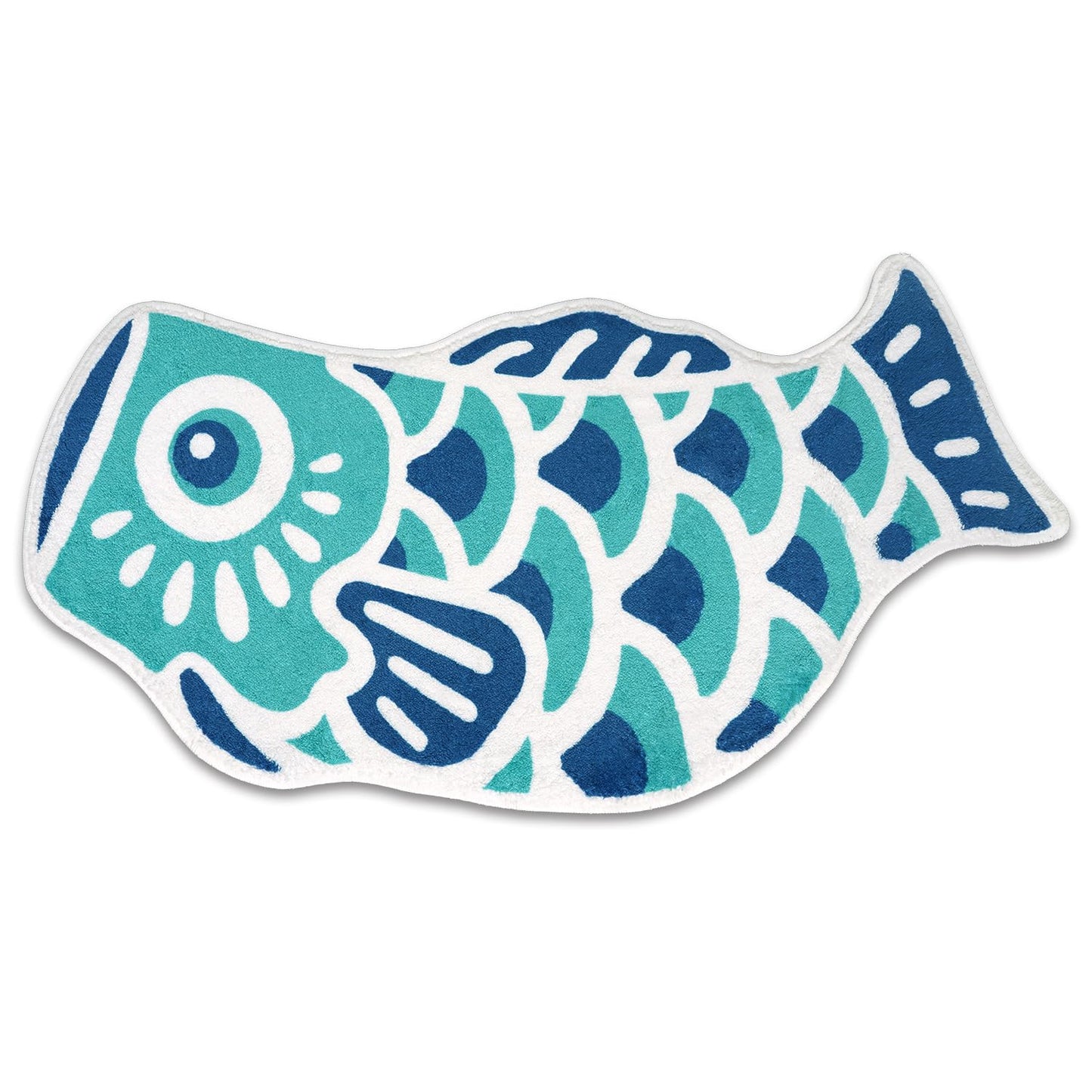 Kitcmat Cute Fish Bath Mat Non-Slip Absorbent Bathroom Rug in Japanese Koi Flag Shape Funky Soft Washable Bath Mat for Bathroom, Shower, Room 17.7"x33.5", Cyan