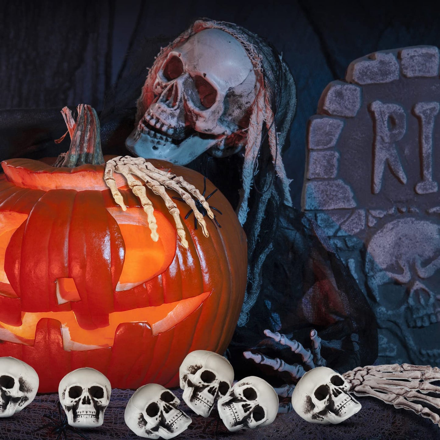 Ferraycle 16 Pieces Halloween Decoration Set Includes 10 Mini Skull Heads and 4 Skeleton Hands Realistic Looking Skulls Plastic Fake Craft Human Hands for Halloween Party Decor Props