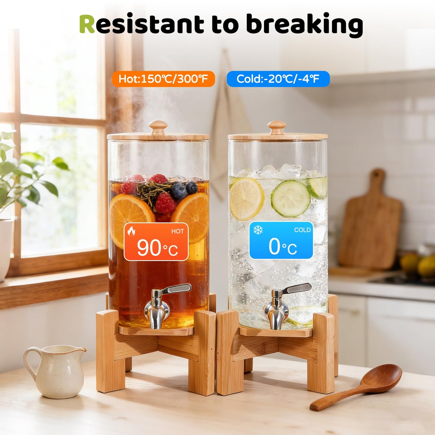 MOBYKE 2 PCS 1.1 Gallon Drink dispenser, Large Water Glass Beverage Dispenser With Wood Stand for Parties With Stainless Steel Spigot, Ideal for Lemonade,Juice, Tea, and Party Drinks