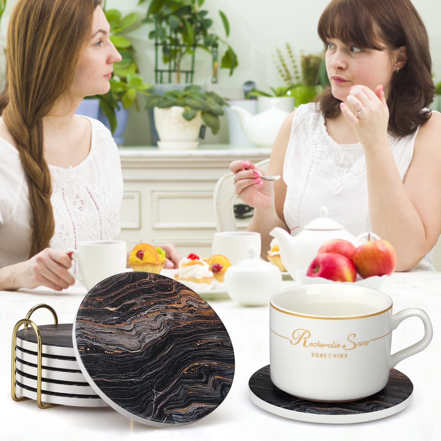6 Pcs Black Ceramic Stone Modern Coasters with Holder Best Absorbent Drink Coasters Round Ceramic Table Coasters Set Best Coffee Table Ceramic Coaster Set