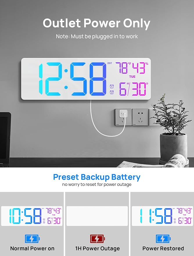 18.5" Large Digital Wall Clock with Remote Control, Big LED Display Digital Clocks with Night Light, Alarm, DST, Temp, Date for Living Room, Bedroom, Office, Classroom, Gifts for Seniors(White)