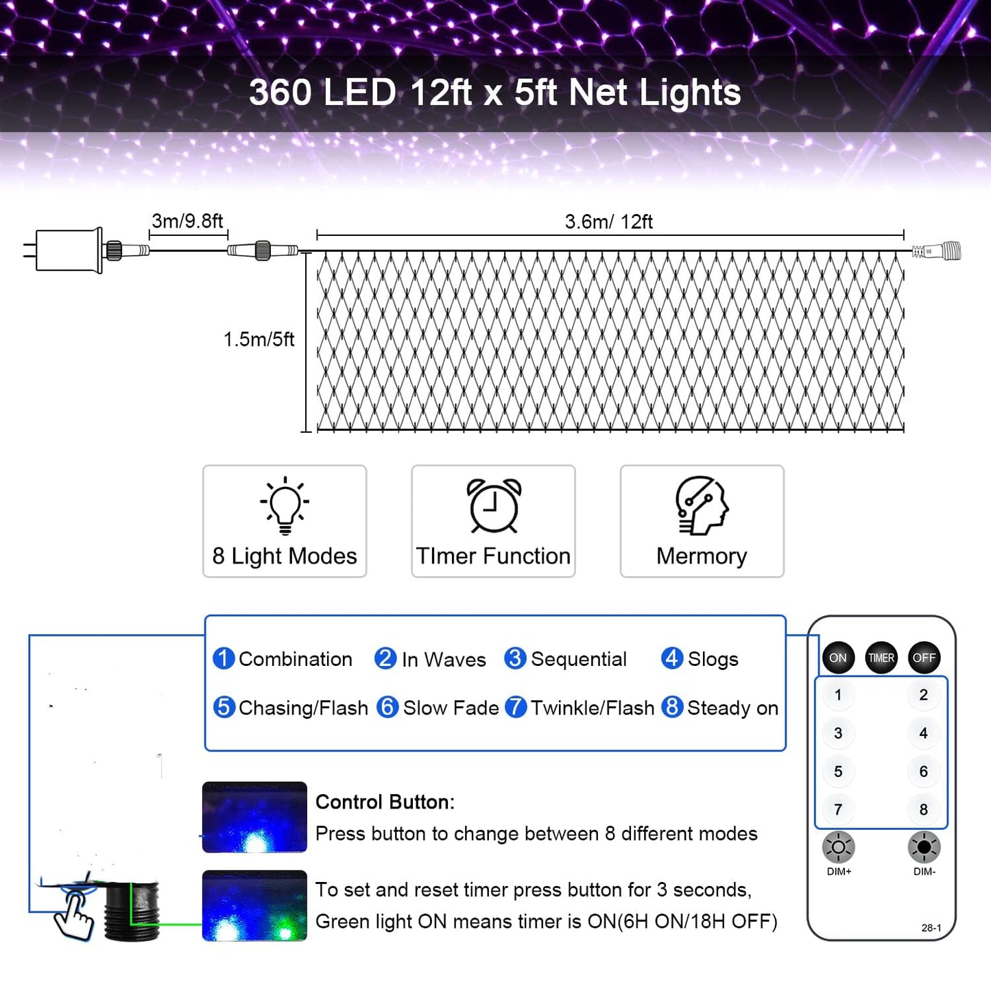 JMEXSUSS 360 LED Purple Halloween Lights - Plug in, Outdoor Waterproof, 12 ft x 5 ft Purple Net Lights with Remote for Halloween & Christmas Bush
