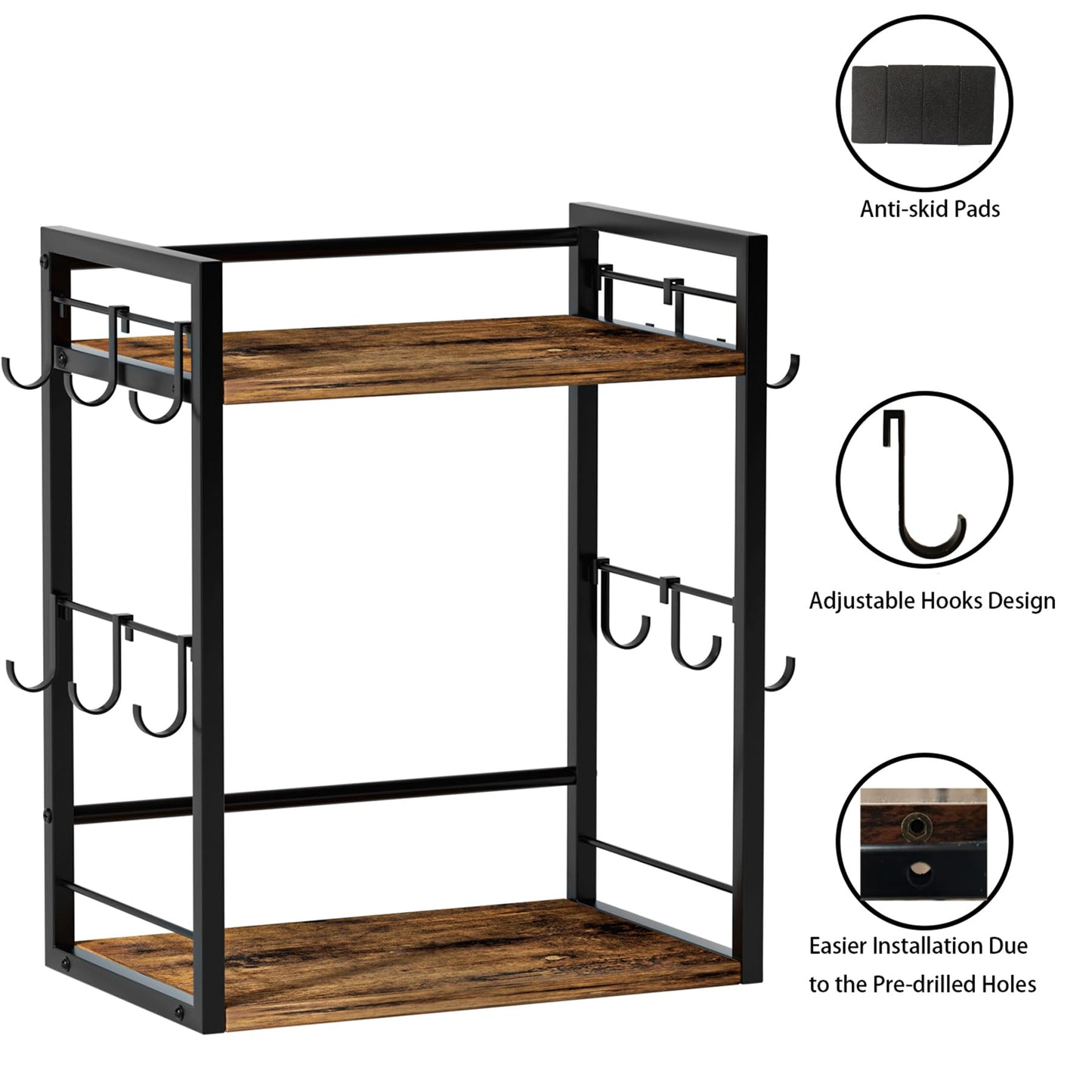Dorhors 2 Tier Coffee Bar Accessories and Organizer,Multi-functional Mug Holder with 12 Hooks,Wood Coffee Station Organizer,Kitchen Countertop Shelf (Rustic Brown)