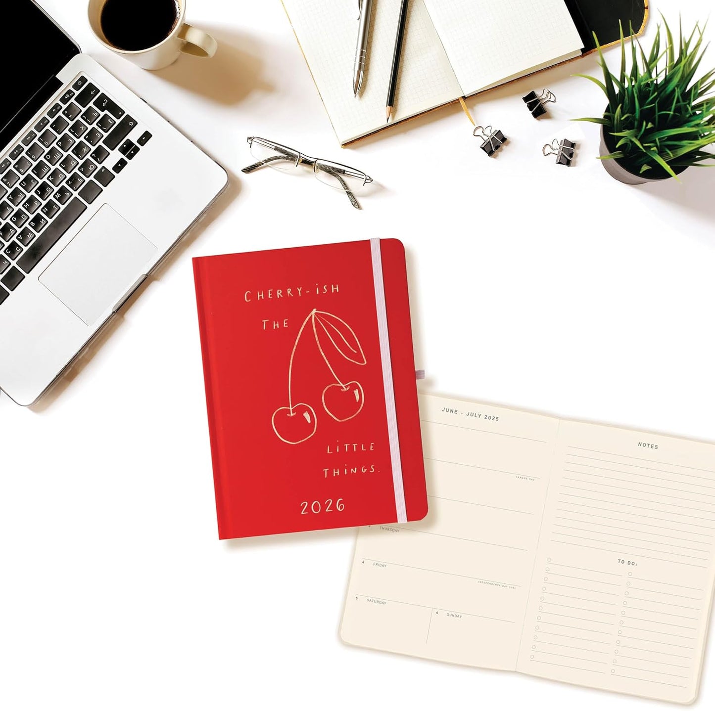 July 2025 – Dec. 2026 Planner by Graphique, Weekly and Monthly Planner, 18 Months Calendar, Hardcover, Cherries, 6” x 8”