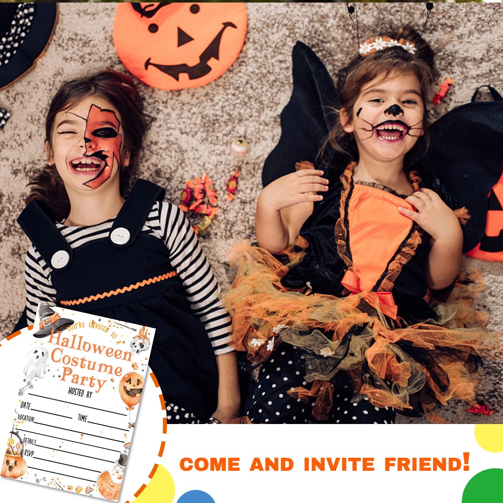 Deluxe Halloween or Costume Party Invitations, 25 Fill-in Cards with Envelopes, Pumpkin, Ghost, Monster, Cute Trick or Treat, Box or Treat for Kids Birthday or Adult party - 4"X6" (JRM338)