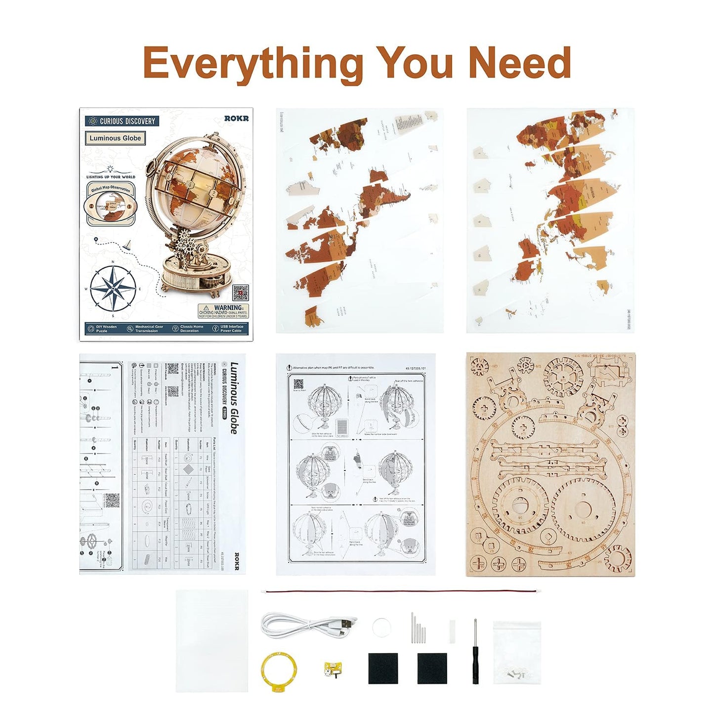 ROKR 3D Wooden Puzzles for Adults-LED Illuminated Wooden Globe Puzzle-Model Building Kits-Room Decor for Teen Girls Boys Women Men