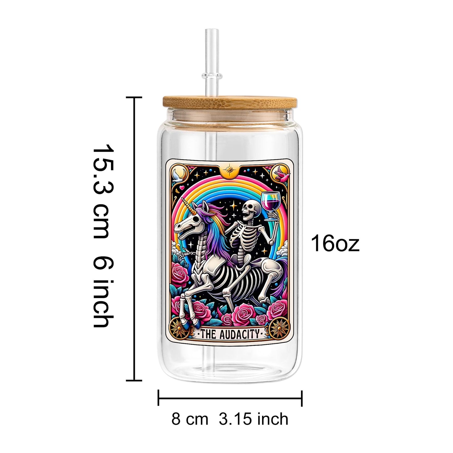 KERAOO 16oz The Audacity Coffee Cup with Lid Straw, Halloween Skull Aesthetic Glass Can, Sarcastic Skeleton Glass Cup, Gift Idea for Tarot Lovers Women Sister Friends (The Audacity)